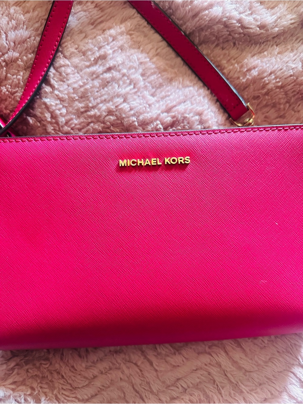 Michael Kors Hot Pink Saffiano Shoulder Bag with Gold Logo